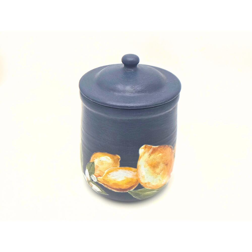 Upcycled Vintage-Inspired Lemon Ceramic Jar | Blue Citrus Kitchen Canister Decor